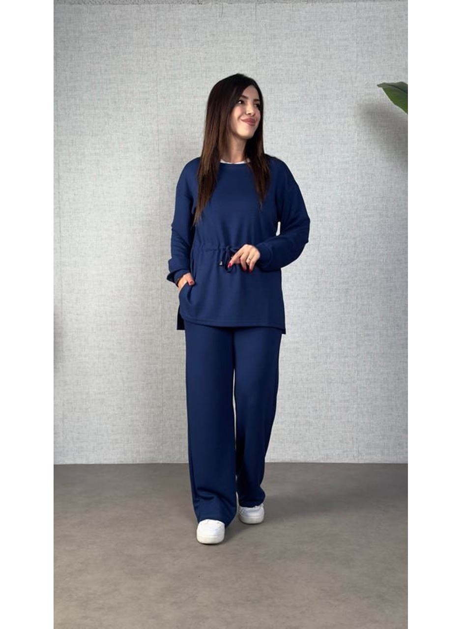 Kadın Uzun Kollu Bisiklet Yaka Belden Büzgülü Bağcıklı Viskon Iki Iplik Bluz Ve Pantolon Ikili Takım