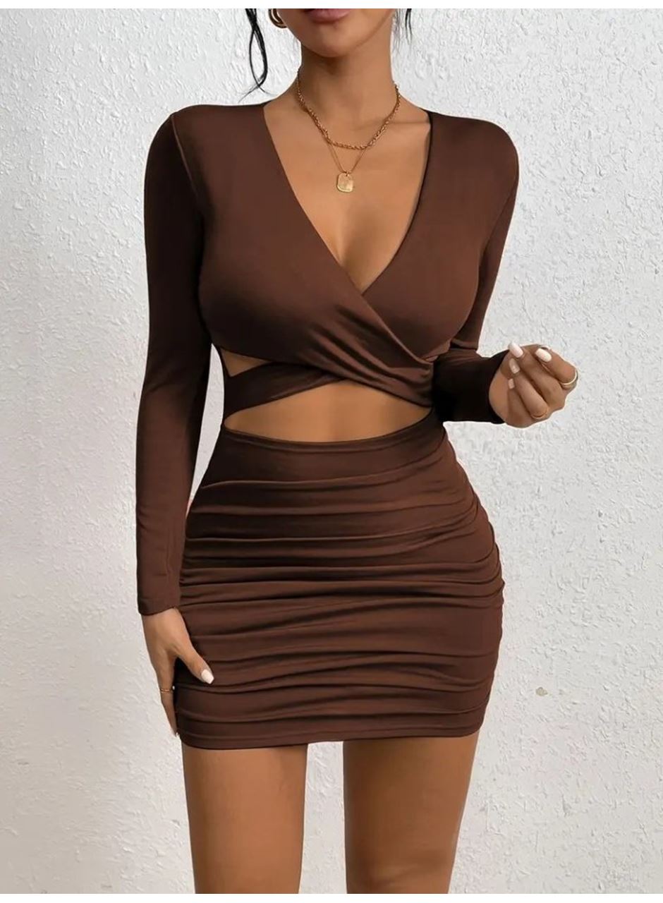 Kadın Uzun Kollu çapraz Dekolte Detaylı Mini Sandy Elbise