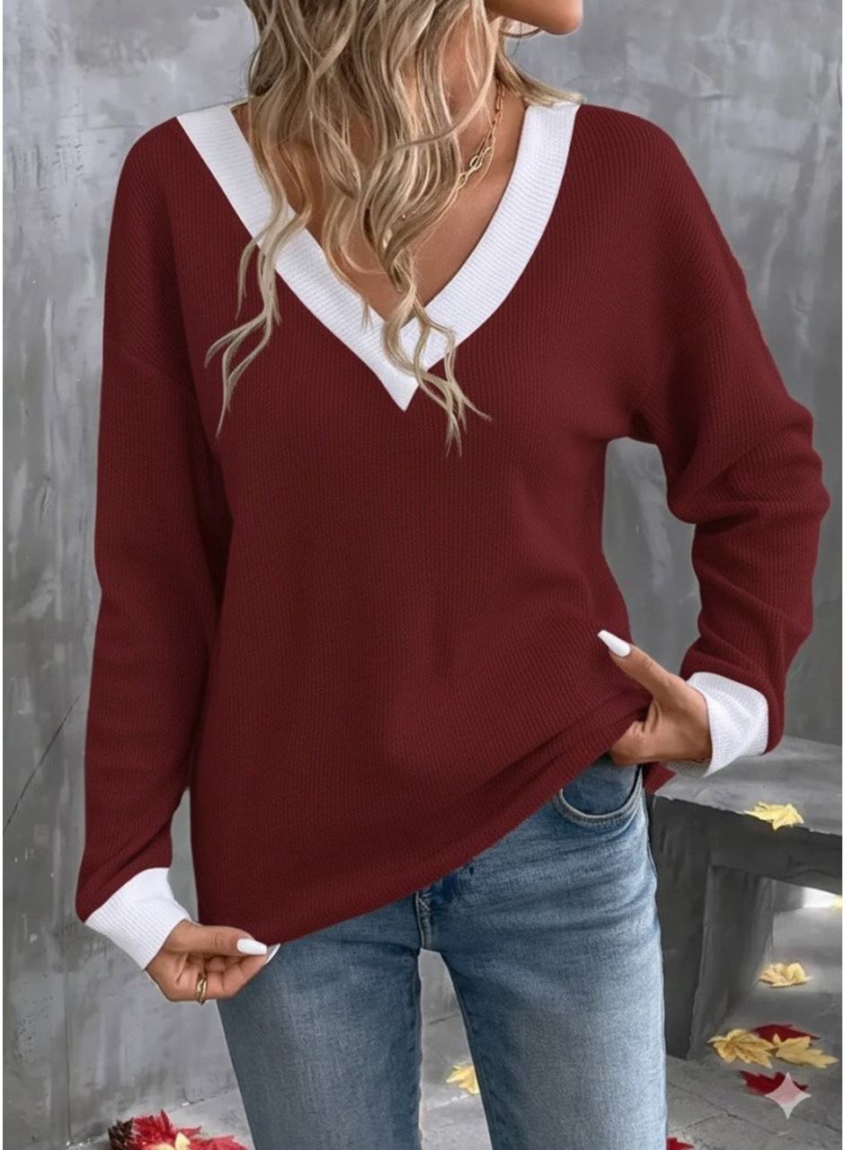 Kadın Uzun Kollu V Yakalı Waffle Bluz
