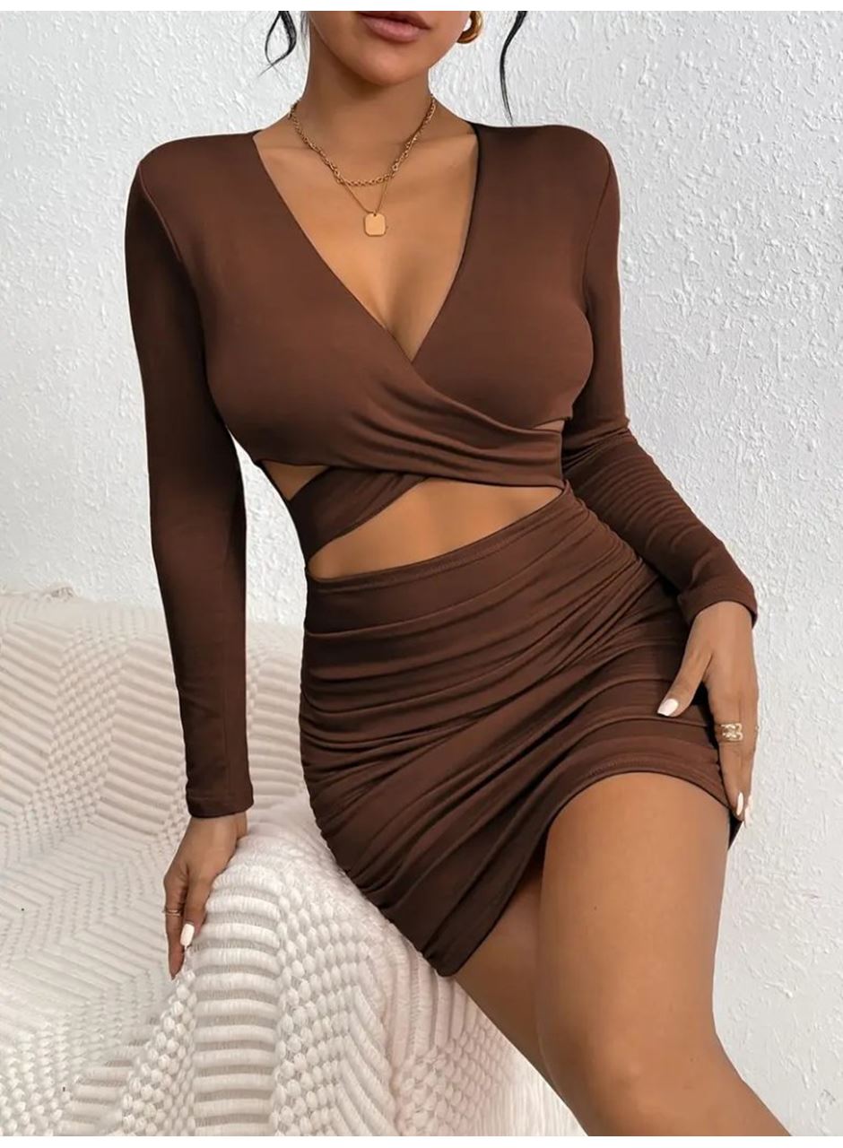 Kadın Uzun Kollu çapraz Dekolte Detaylı Mini Sandy Elbise