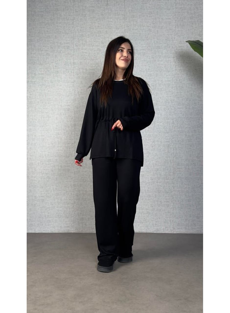 Kadın Uzun Kollu Bisiklet Yaka Belden Büzgülü Bağcıklı Viskon Iki Iplik Bluz Ve Pantolon Ikili Takım