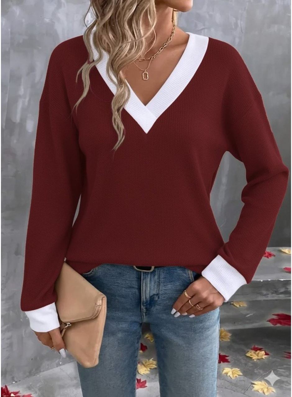 Kadın Uzun Kollu V Yakalı Waffle Bluz