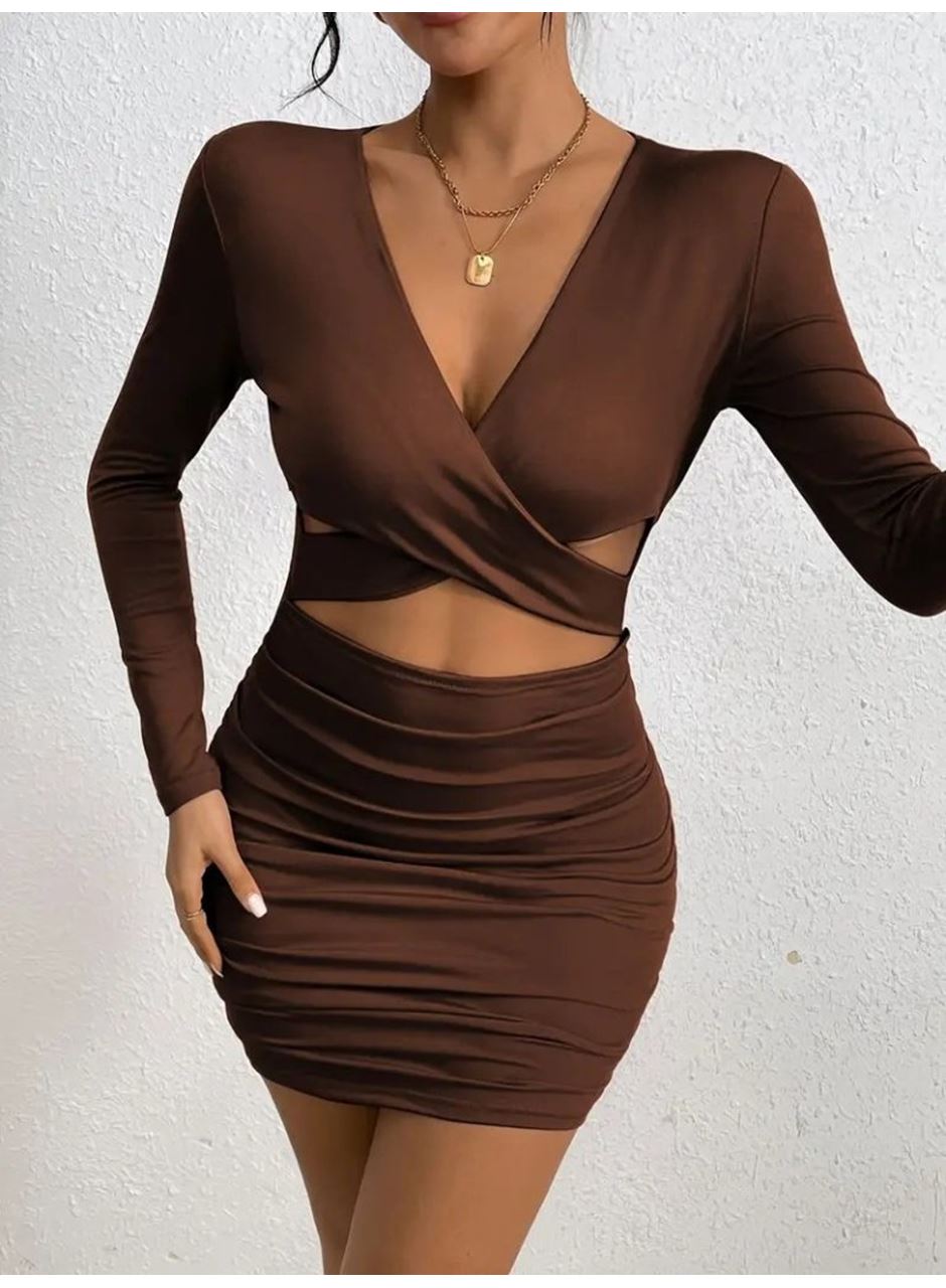 Kadın Uzun Kollu çapraz Dekolte Detaylı Mini Sandy Elbise
