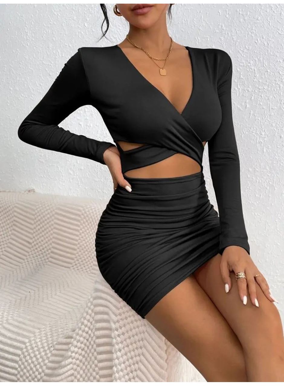 Kadın Uzun Kollu çapraz Dekolte Detaylı Mini Sandy Elbise