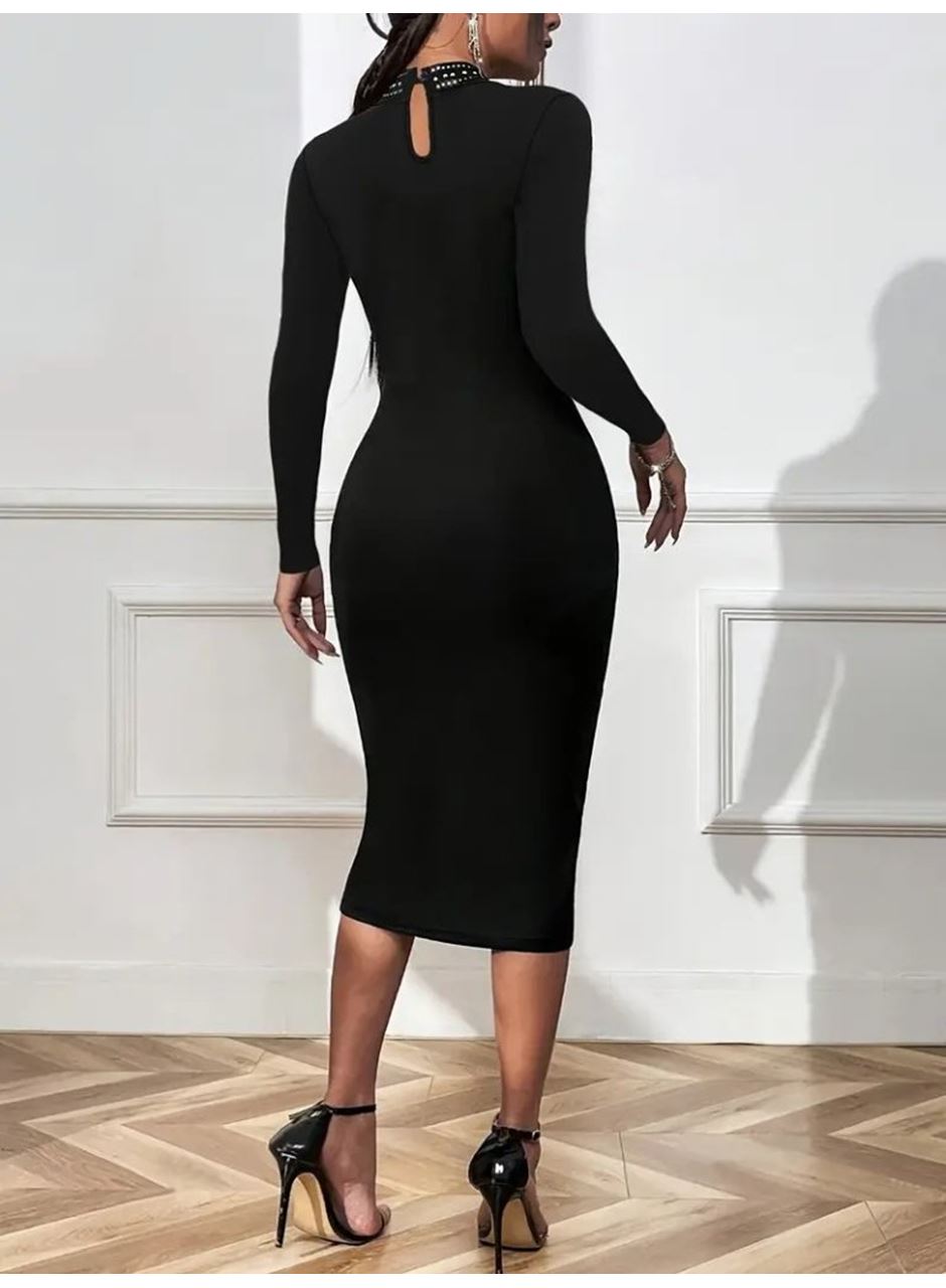 Kadın Uzun Kollu Balıkçı Yaka Taşlı Damla Detay Midi Ithal Krep Elbise