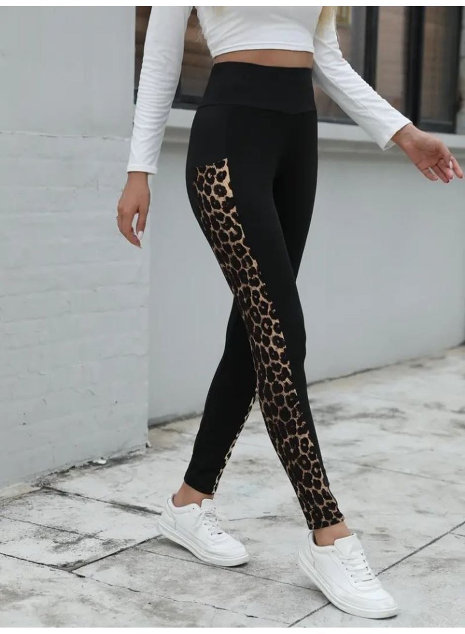 Kadın Yüksek Bel Cep Detaylı Leopar Desenli Dalgıç Tayt