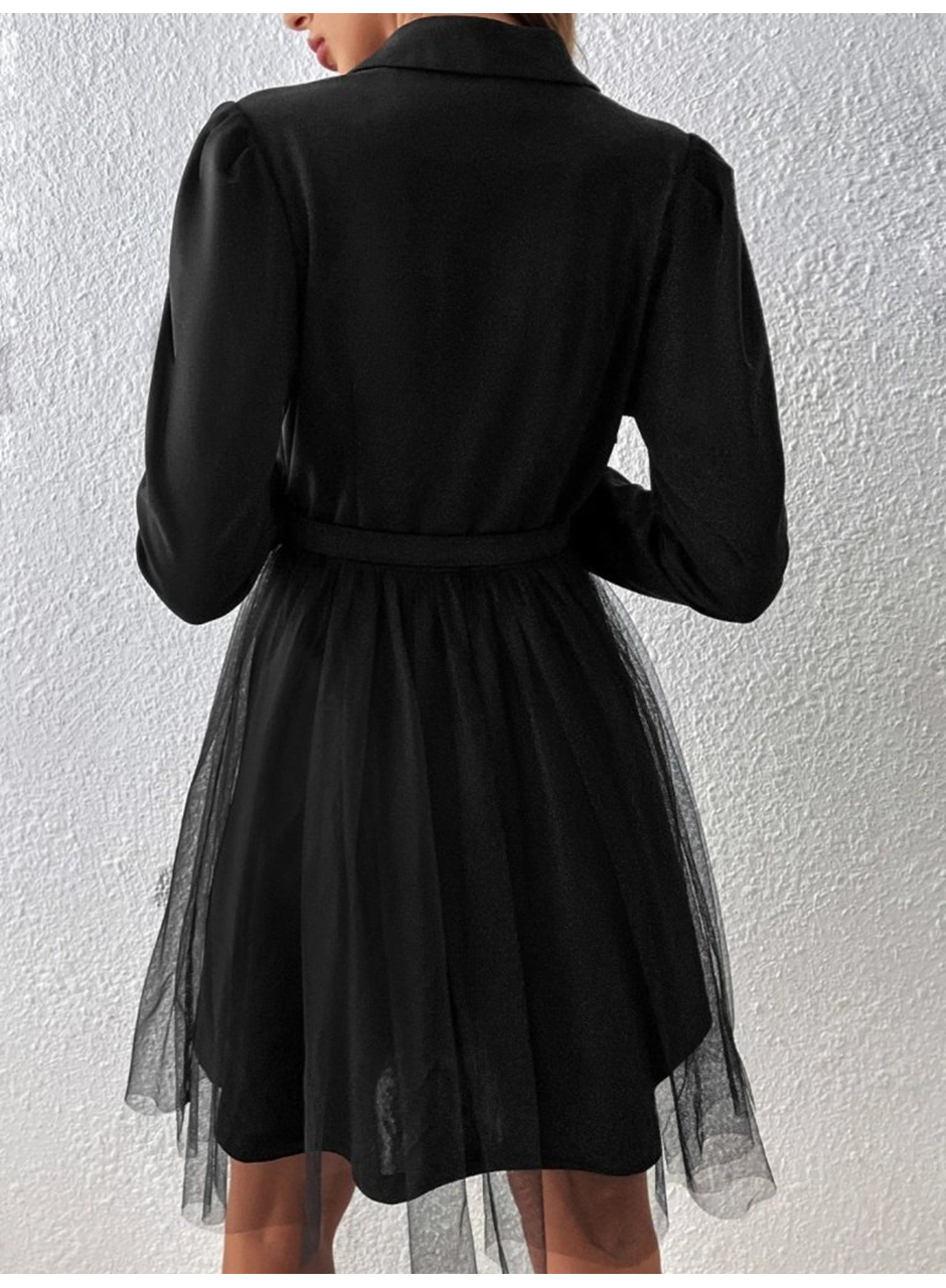 Kadın Uzun Kollu Yakalı Belinde Kemer Detaylı Mini Tüllü Ithal Krep Elbise