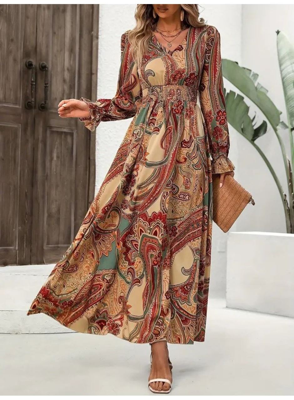 Kadın Uzun Kollu V Yakalı Beli Lastikli Desenli Süprem Elbise
