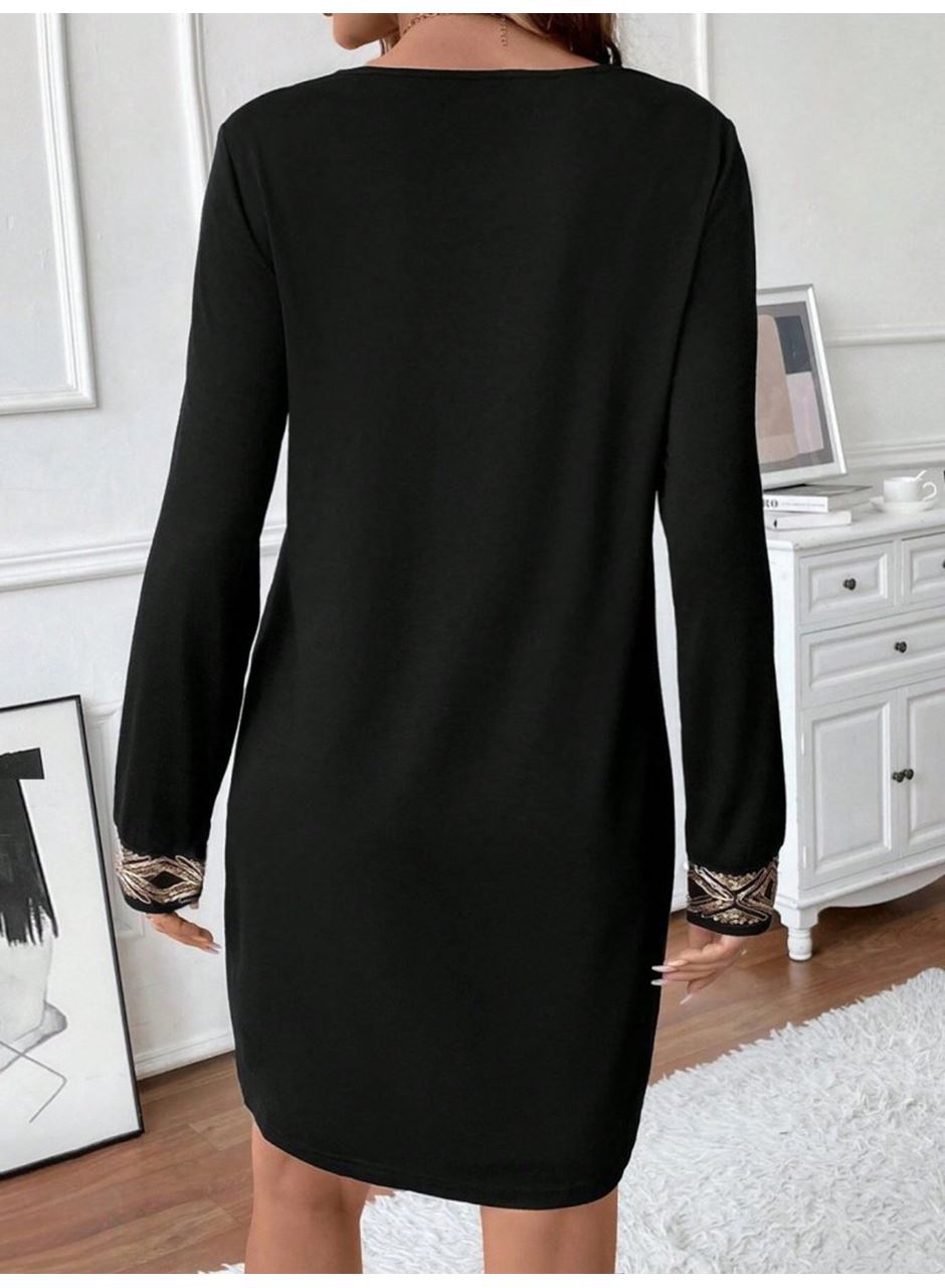 Kadın Uzun Kollu V Yakalı Pulpayet Detaylı Mini Ithal Krep Elbise