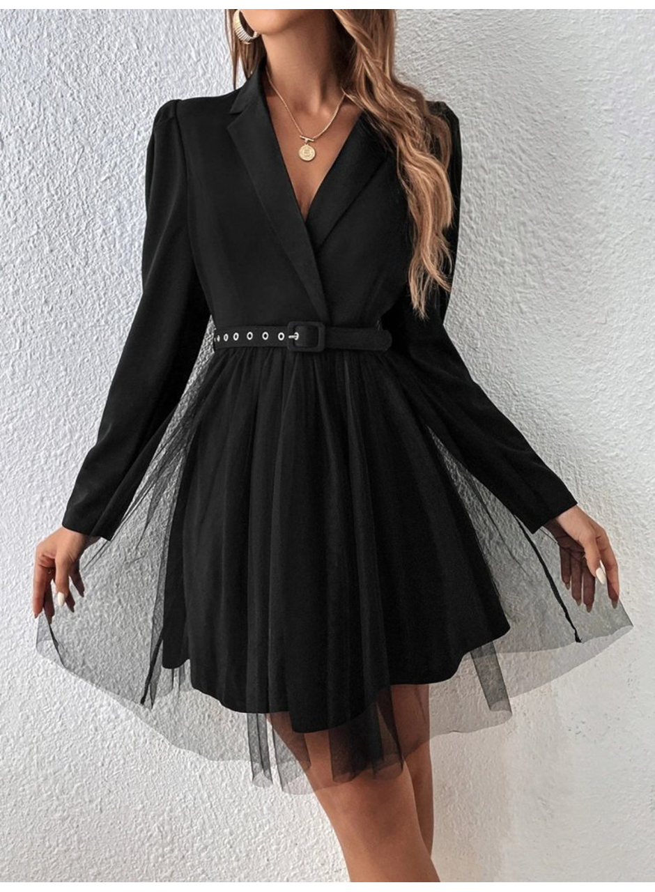 Kadın Uzun Kollu Yakalı Belinde Kemer Detaylı Mini Tüllü Ithal Krep Elbise