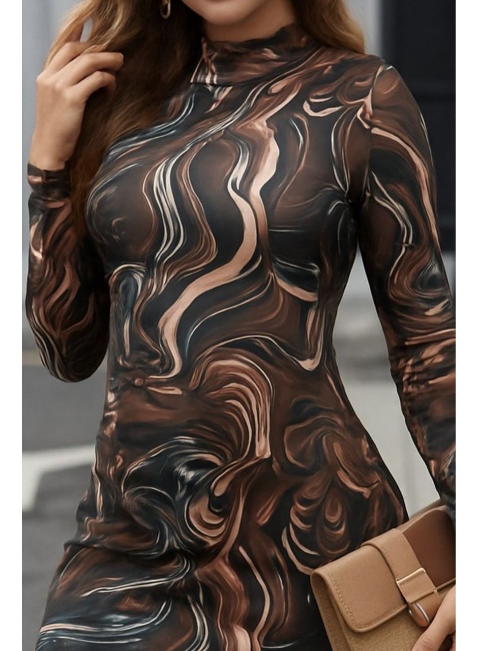 Kadın Uzun Kollu Balıkçı Yaka Desenli Dalgıç Elbise