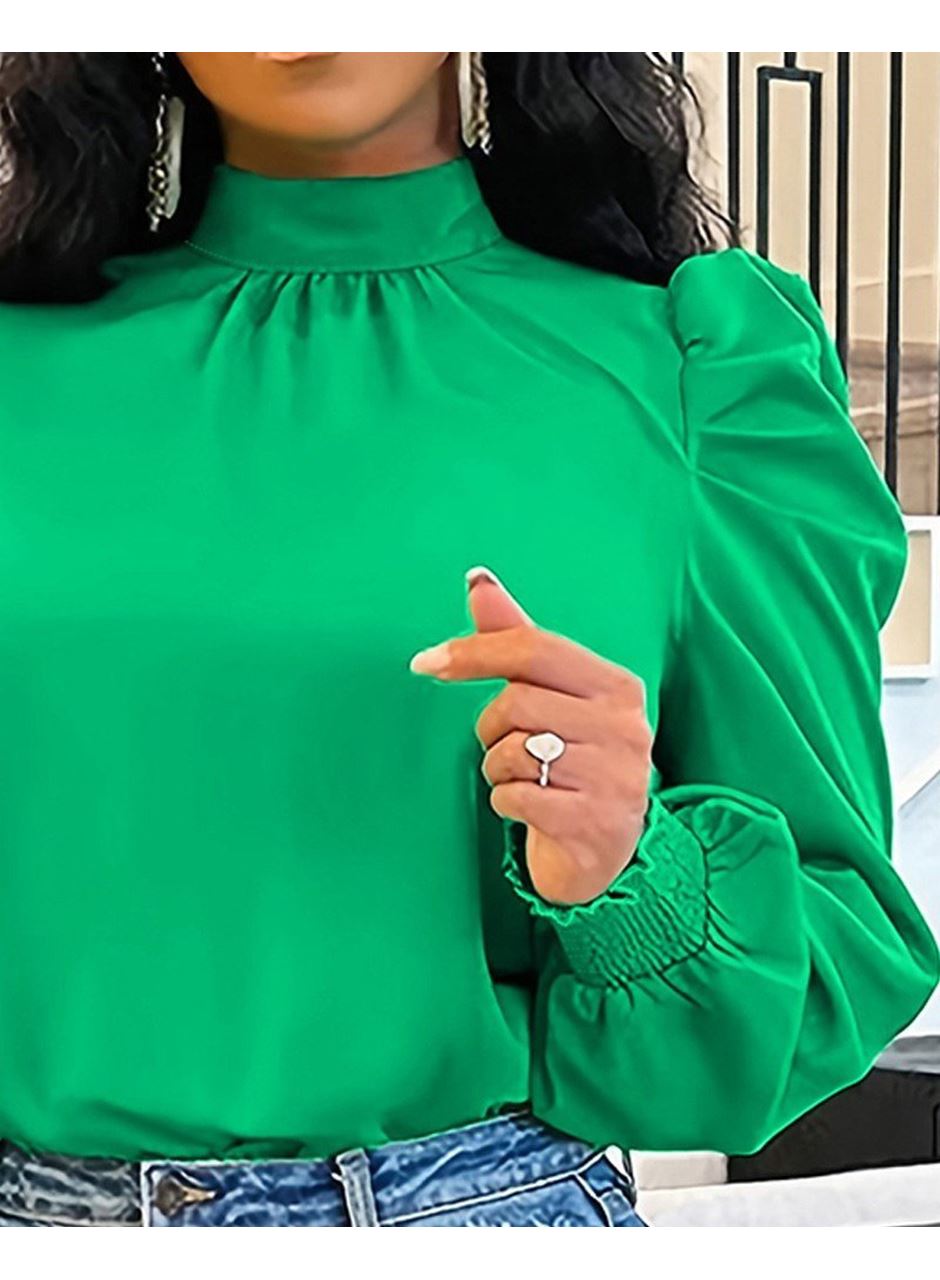 Kadın Uzun Kollu Balıkçı Yaka Arkadan Bağlamalı Omuzlardan Balon Ithal Krep Bluz