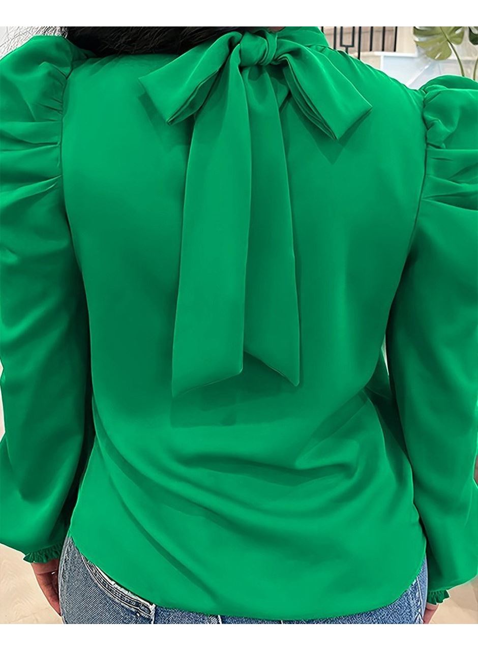 Kadın Uzun Kollu Balıkçı Yaka Arkadan Bağlamalı Omuzlardan Balon Ithal Krep Bluz