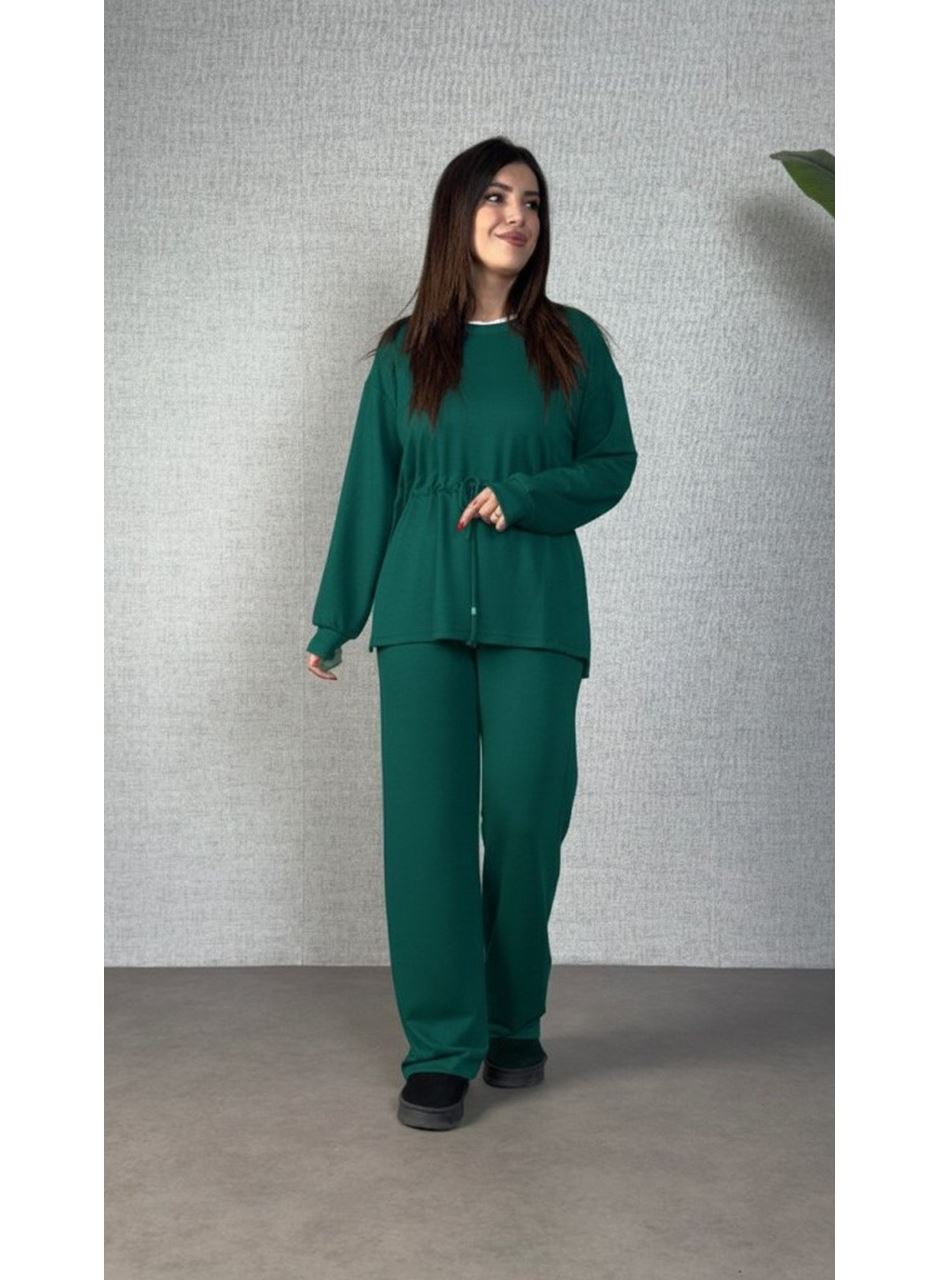 Kadın Uzun Kollu Bisiklet Yaka Belden Büzgülü Bağcıklı Viskon Iki Iplik Bluz Ve Pantolon Ikili Takım
