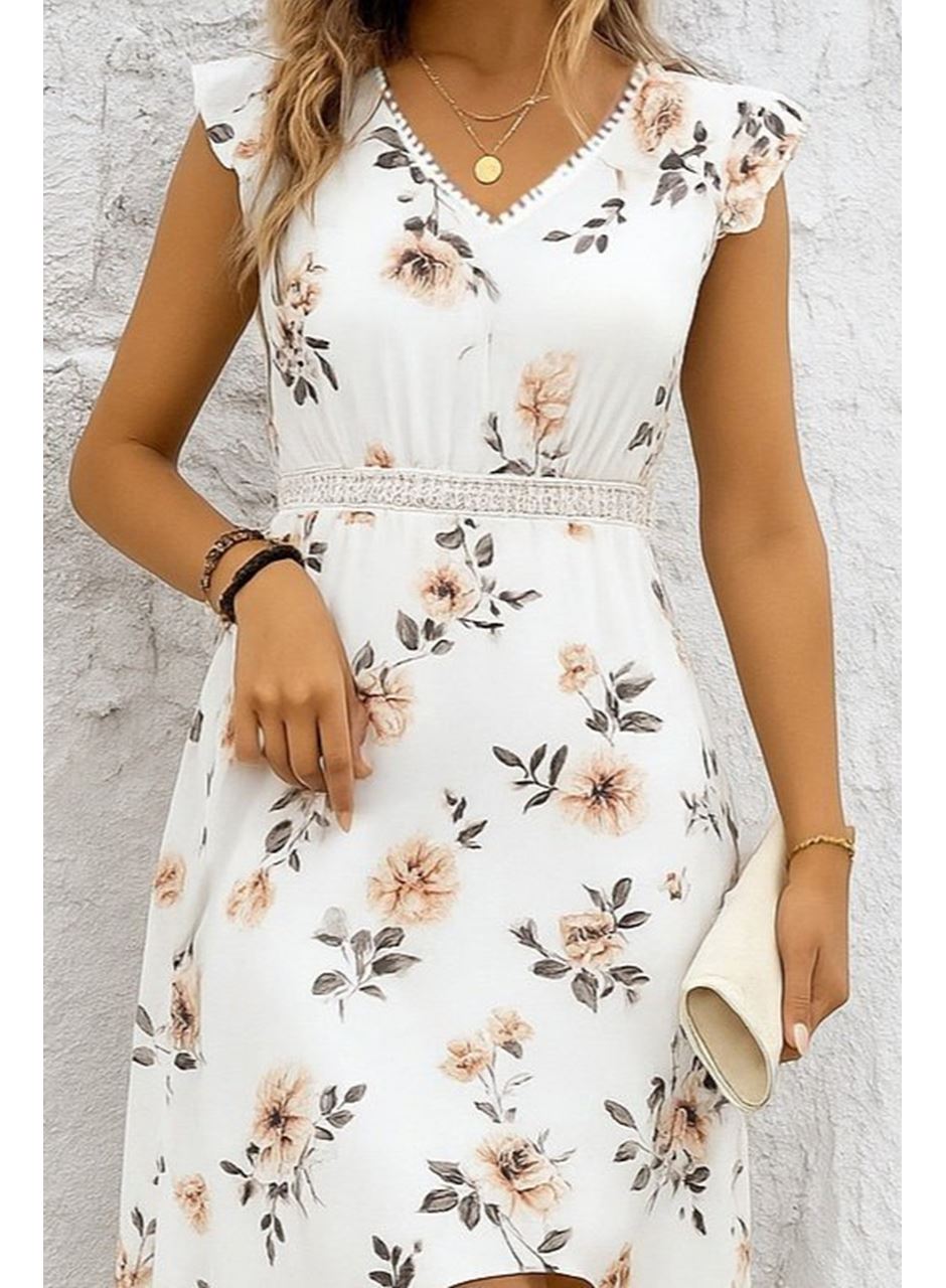Kadın Kısa Kollu V Yakalı çiçek Desenli önü Kısa Arkası Uzun Pegasus Elbise