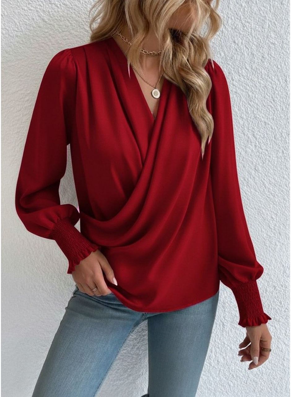 Kadın Uzun Kollu Dökümlü Kruvaze Yaka Kol Ucu Gipeli Sandy Bluz