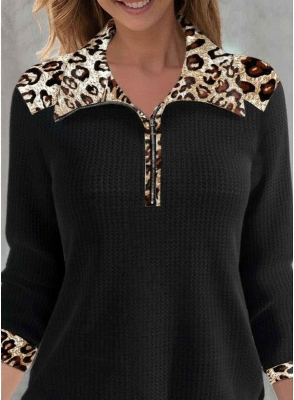 Kadın Uzun Kollu Leopar Yakalı Fermuarlı Waffle Bluz
