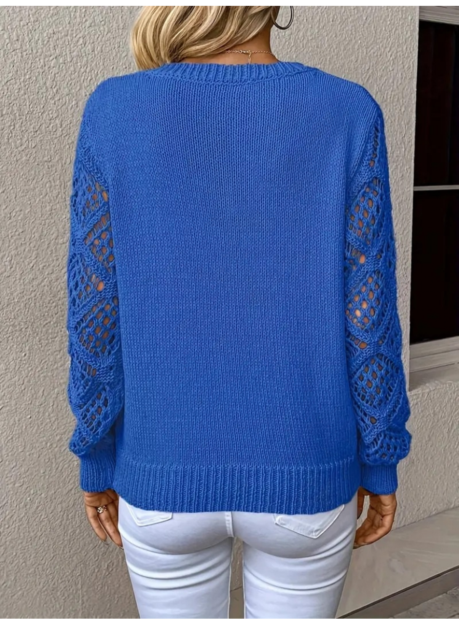 Kadın Uzun Kollu V Yaka Kol Delikli Baklava Desen Detaylı Triko Kazak