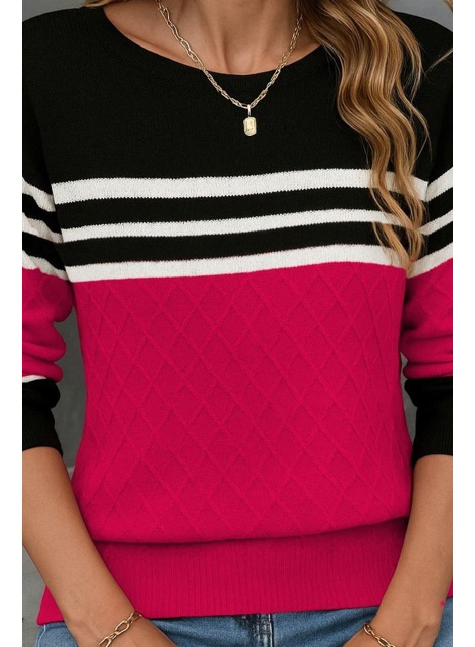 Kadın Uzun Kollu Bisiklet Yaka çok Renkli Triko Bluz