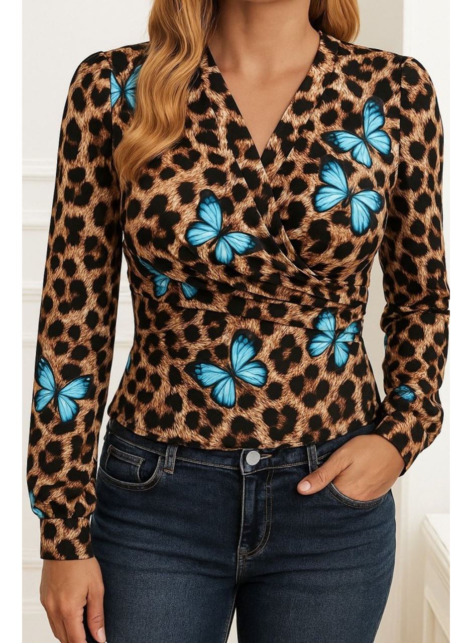 Kadın Uzun Kollu Kruvaze Yakalı Kelebek Desenli şardonlu Dalgıç Bluz