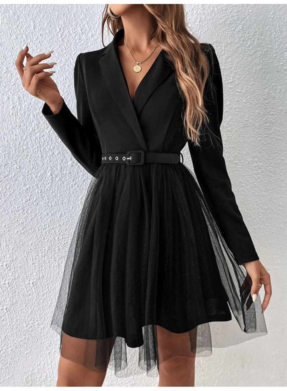 Kadın Uzun Kollu Yakalı Belinde Kemer Detaylı Mini Tüllü Ithal Krep Elbise