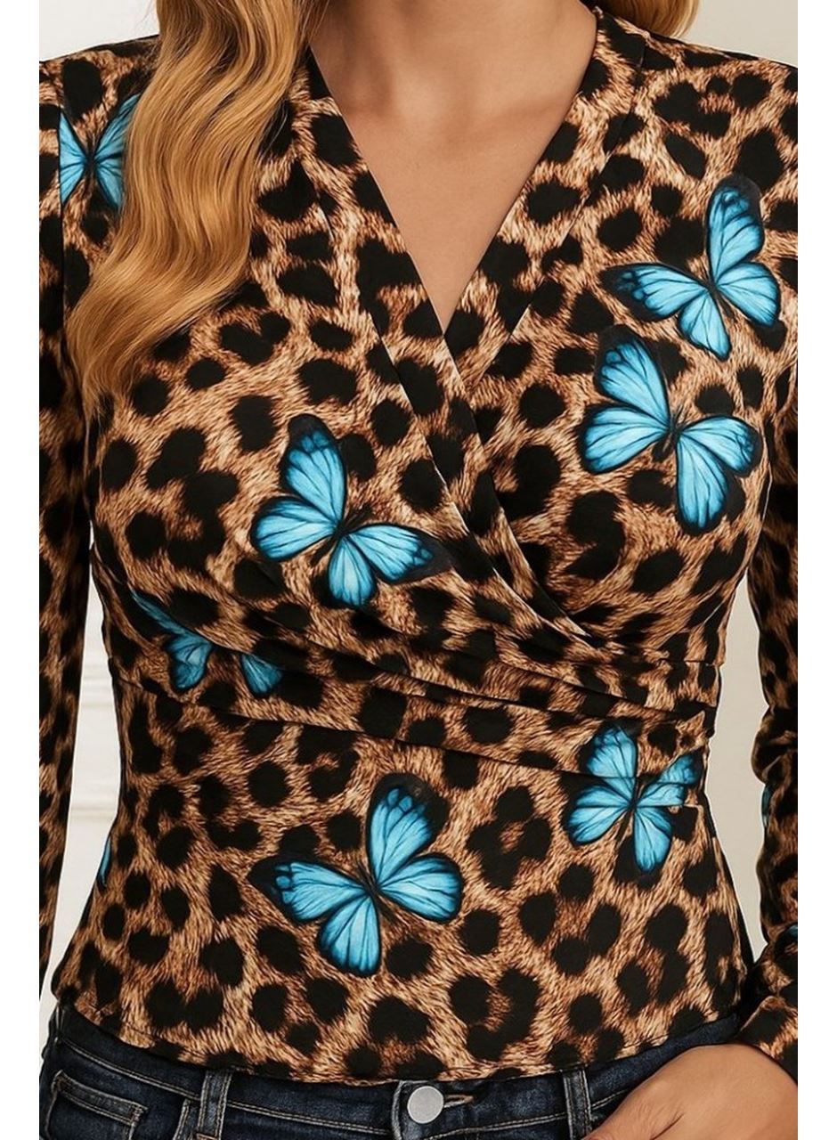 Kadın Uzun Kollu Kruvaze Yakalı Kelebek Desenli şardonlu Dalgıç Bluz
