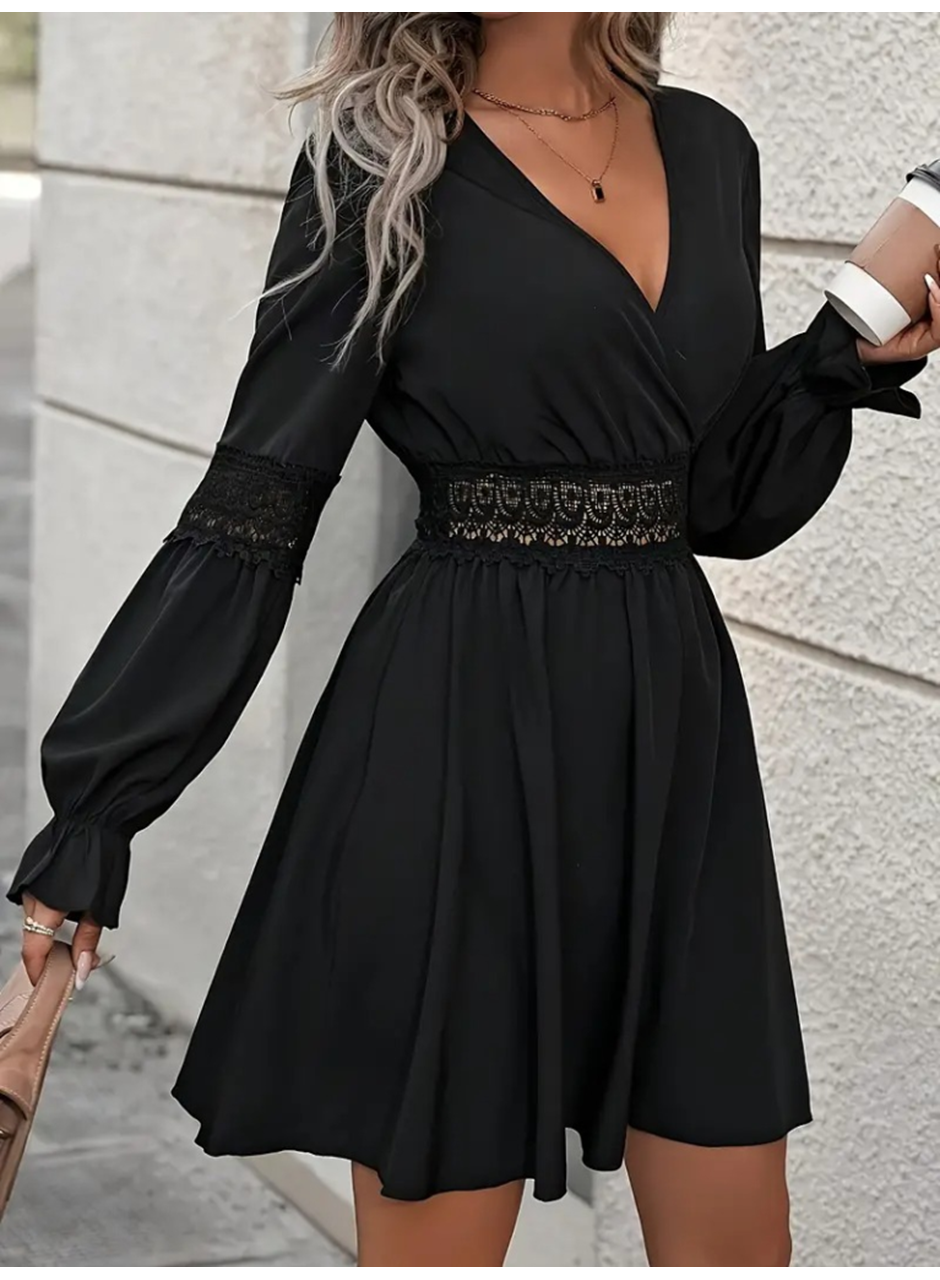 Kadın Uzun Kollu Kruvaze Yakalı Dantelli Fermuar Detaylı Kısa Ithal Krep Elbise