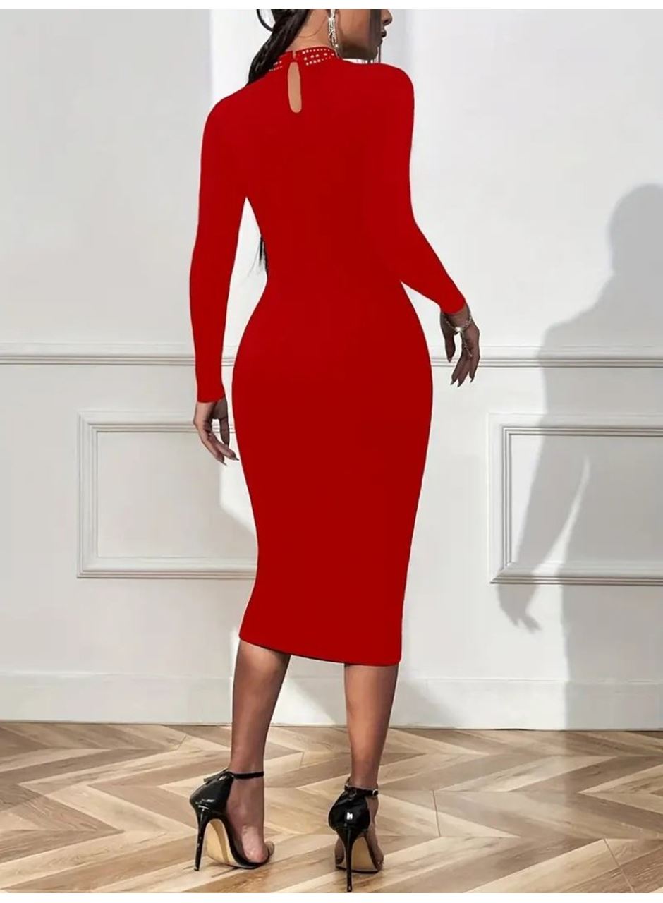 Kadın Uzun Kollu Balıkçı Yaka Taşlı Damla Detay Midi Ithal Krep Elbise