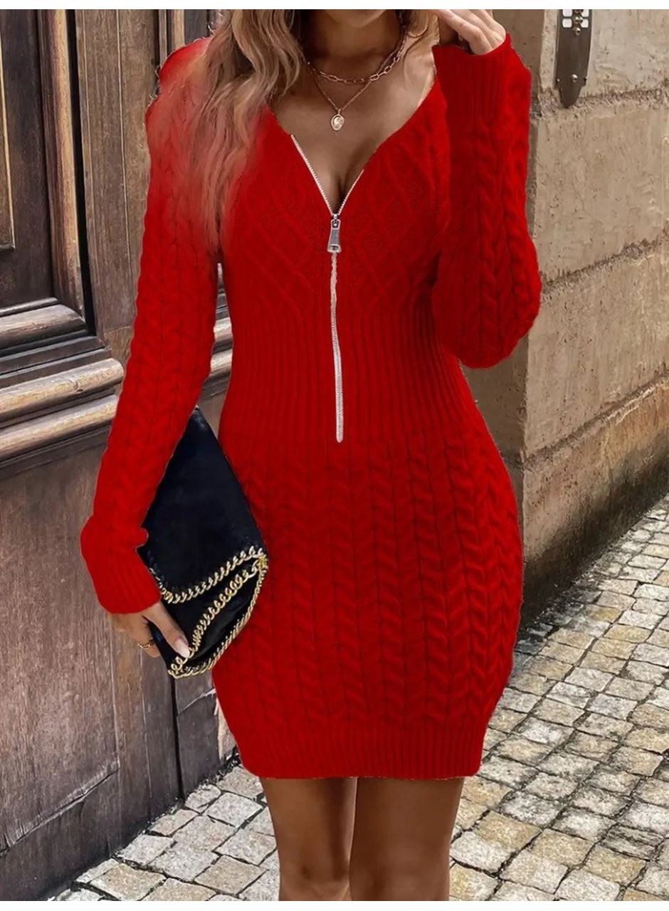 Kadın Uzun Kollu V Yakalı önden Fermuarlı Kısa Triko Elbise