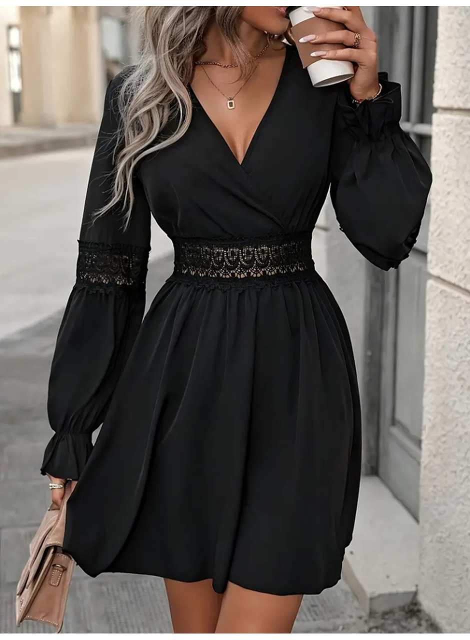 Kadın Uzun Kollu Kruvaze Yakalı Dantelli Fermuar Detaylı Kısa Ithal Krep Elbise