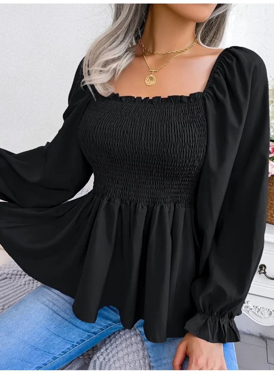 Kadın Uzun Kollu Geometrik Yakalı Gipe Detaylı Krep Bluz