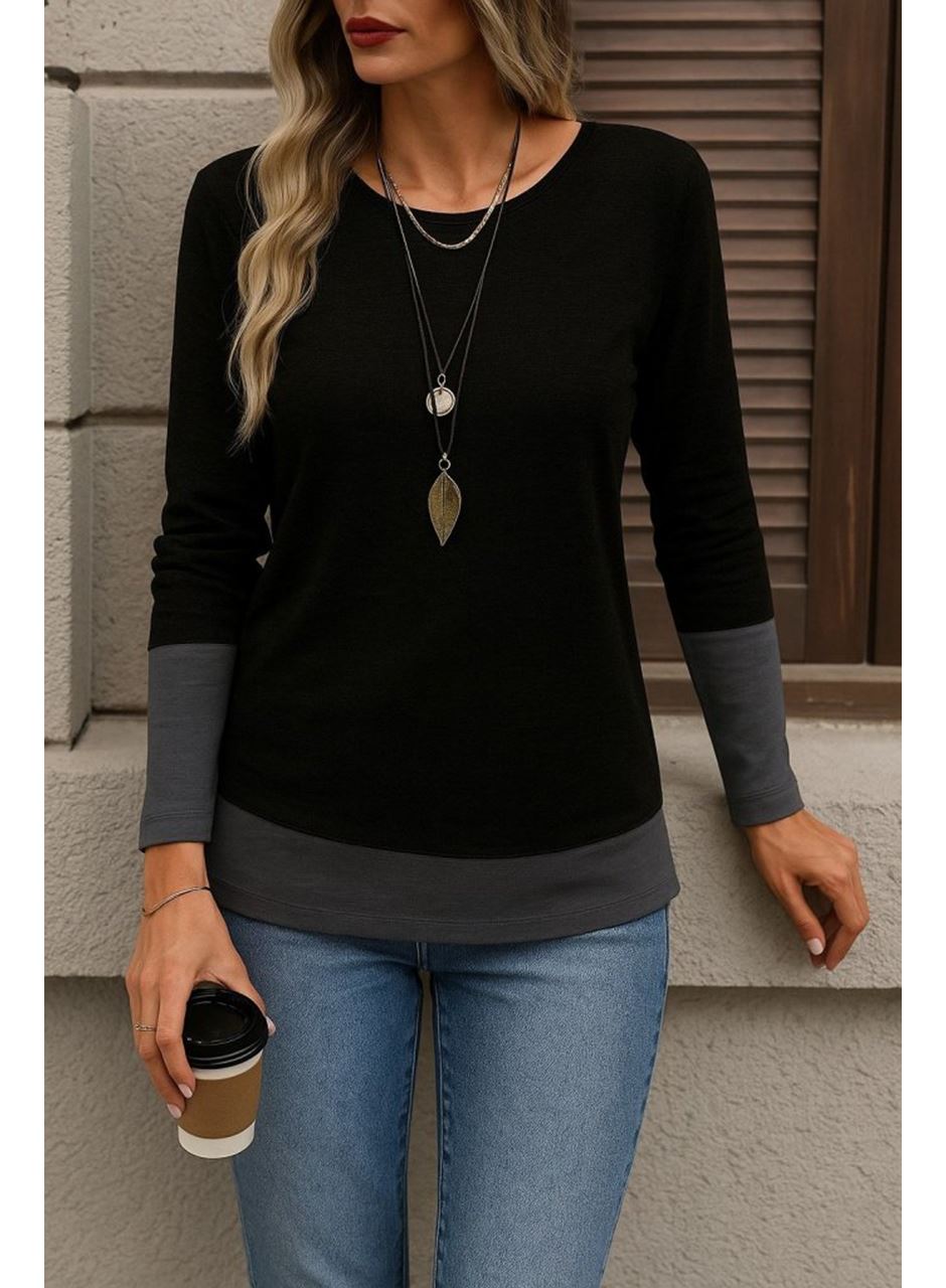 Kadın Uzun Kollu Açık Yuvarlak Yaka Blok Renkli Viskon Bluz