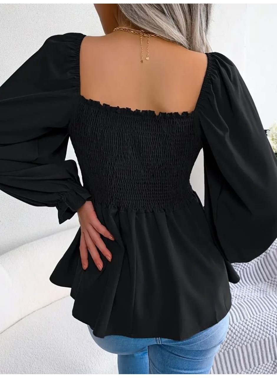 Kadın Uzun Kollu Geometrik Yakalı Gipe Detaylı Krep Bluz