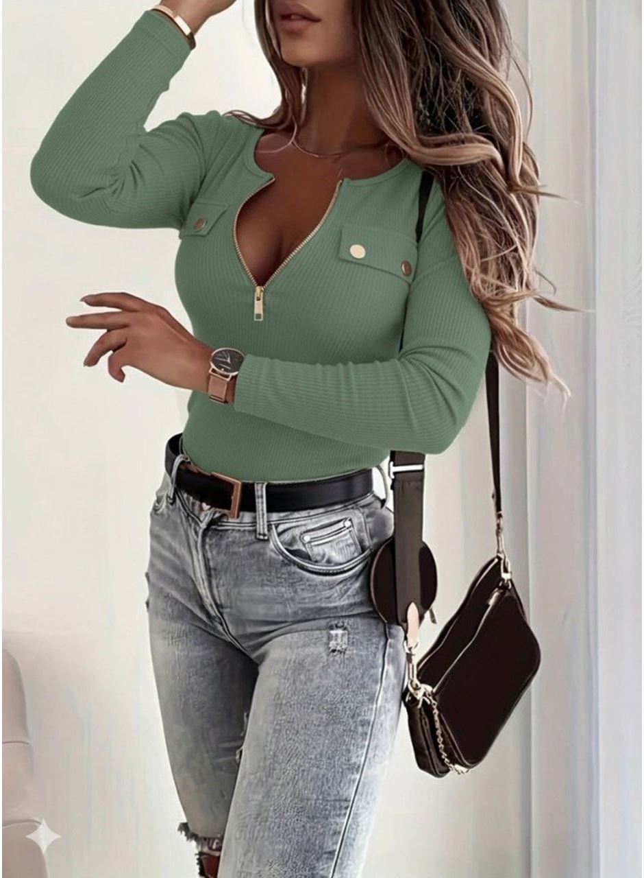 Kadın Uzun Kollu önden Fermuar Ve Cepli Kaşkorse Bluz