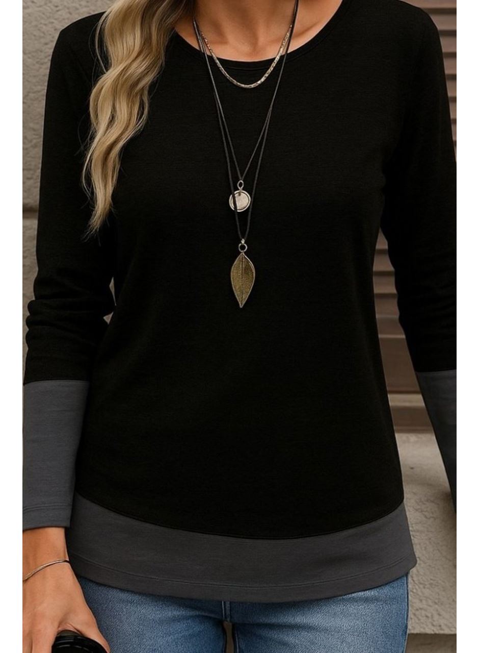 Kadın Uzun Kollu Açık Yuvarlak Yaka Blok Renkli Viskon Bluz