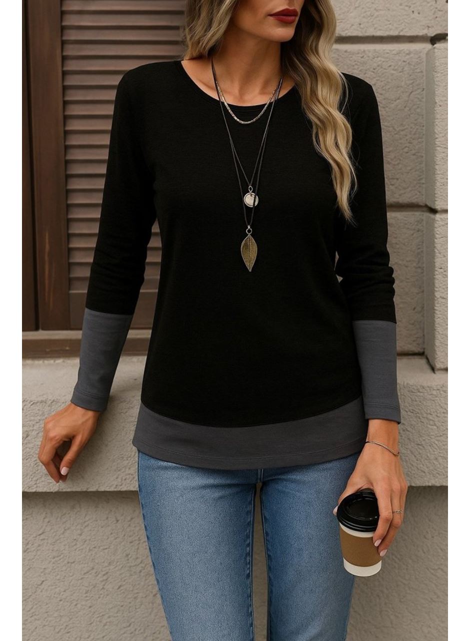 Kadın Uzun Kollu Açık Yuvarlak Yaka Blok Renkli Viskon Bluz