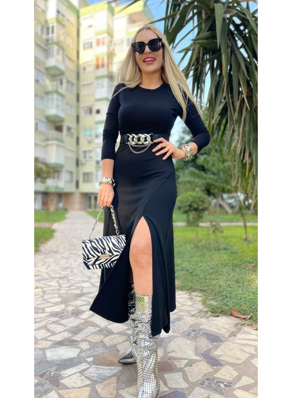 Kadın Uzun Kollu Bisiklet Yaka Yırtmaçlı Kemerli Uzun çilek Elbise