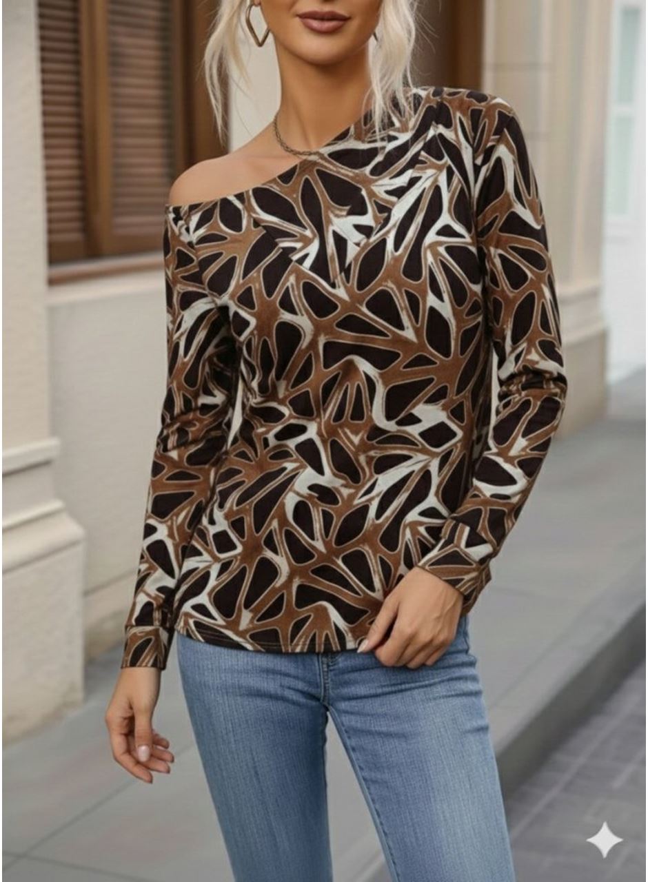 Kadın Uzun Kollu V Yaka Düşük Omuz Geometrik Desen şardonlu Dalgıç Bluz
