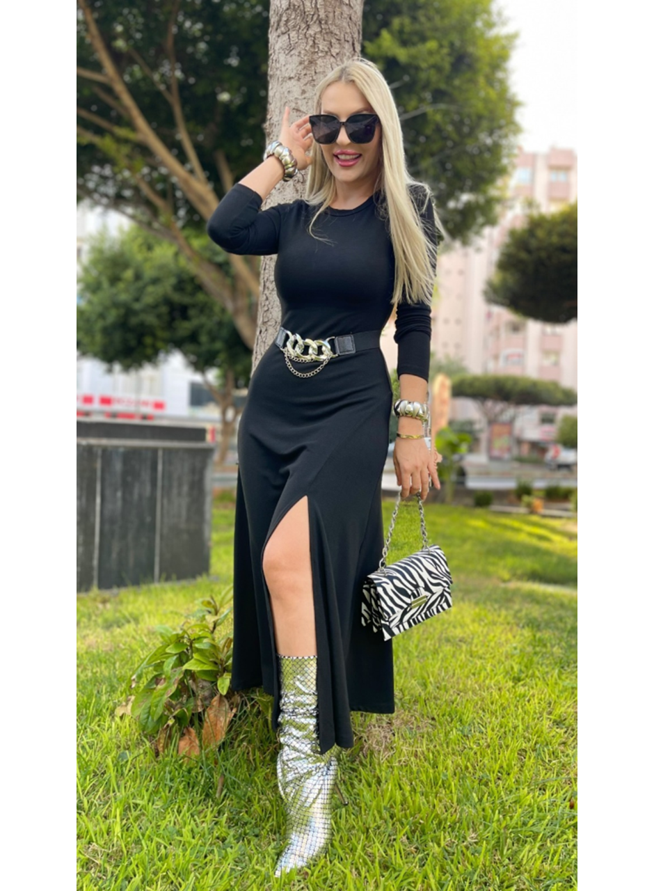 Kadın Uzun Kollu Bisiklet Yaka Yırtmaçlı Kemerli Uzun çilek Elbise