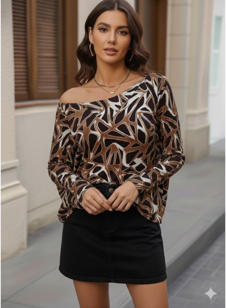 Kadın Uzun Kollu V Yaka Düşük Omuz Geometrik Desen şardonlu Dalgıç Bluz