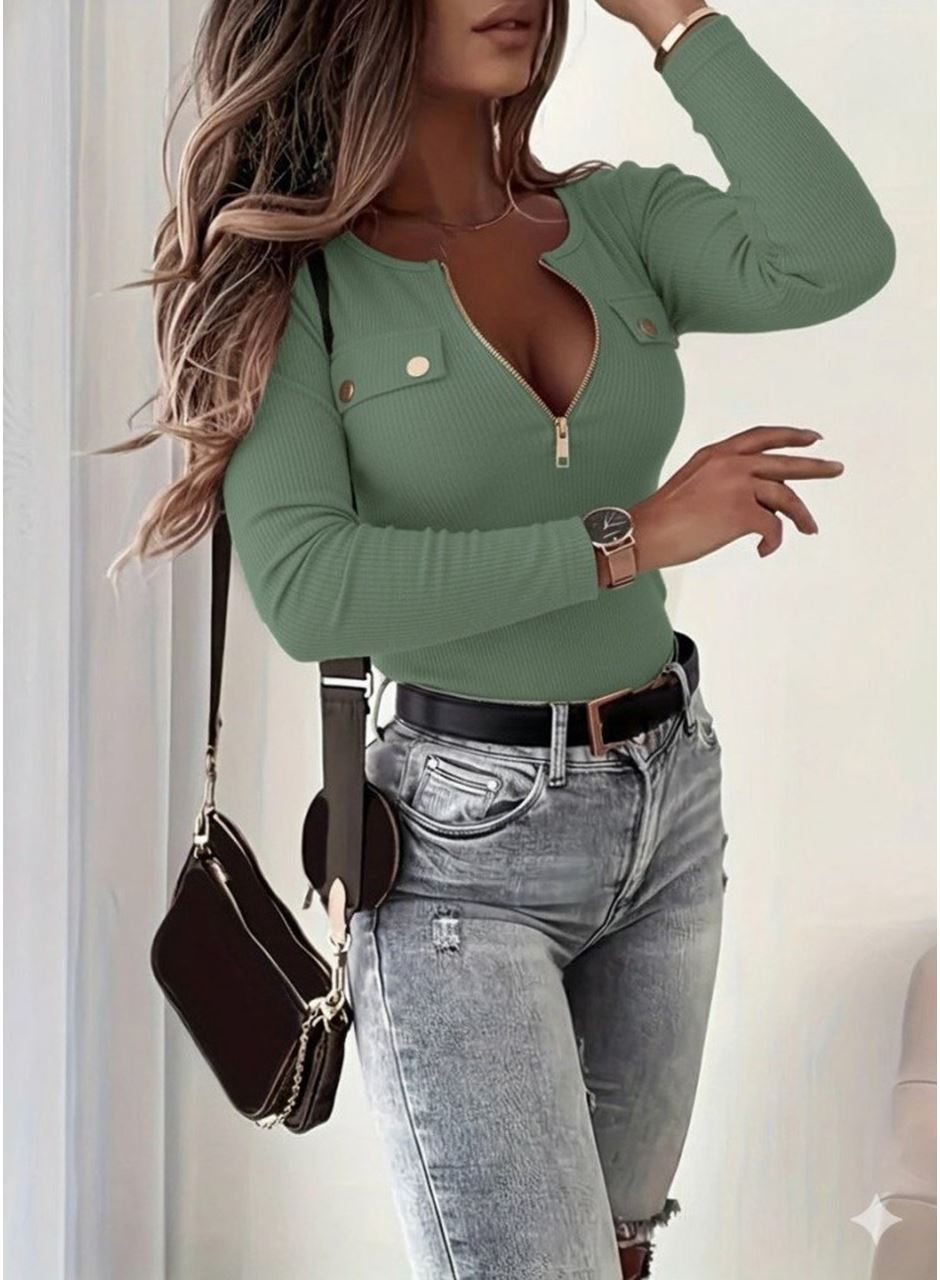 Kadın Uzun Kollu önden Fermuar Ve Cepli Kaşkorse Bluz