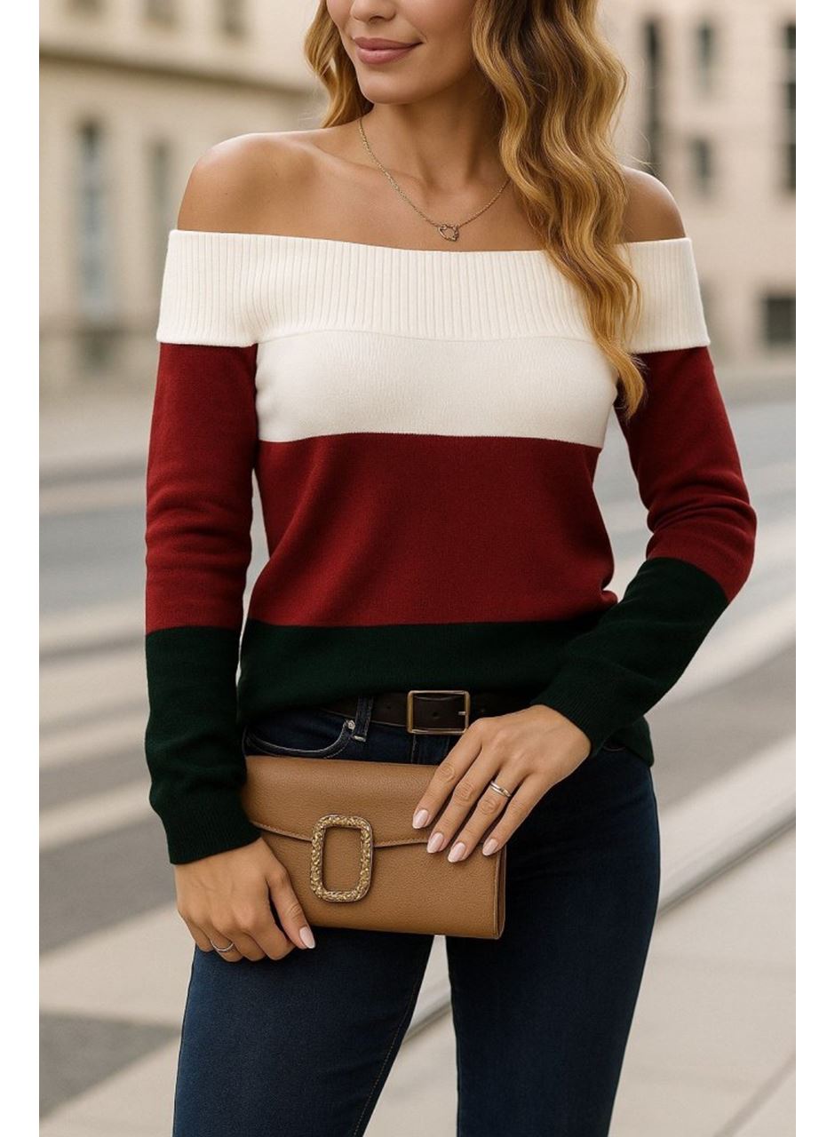 Kadın Uzun Kollu Omuzlardan Açık Uzun Kollu Blok çizgili Triko Bluz
