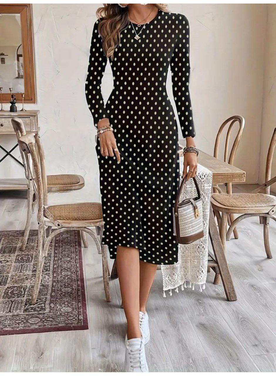 Kadın Uzun Kollu Bisiklet Yaka Puantiyeli örme Krep Midi Elbise