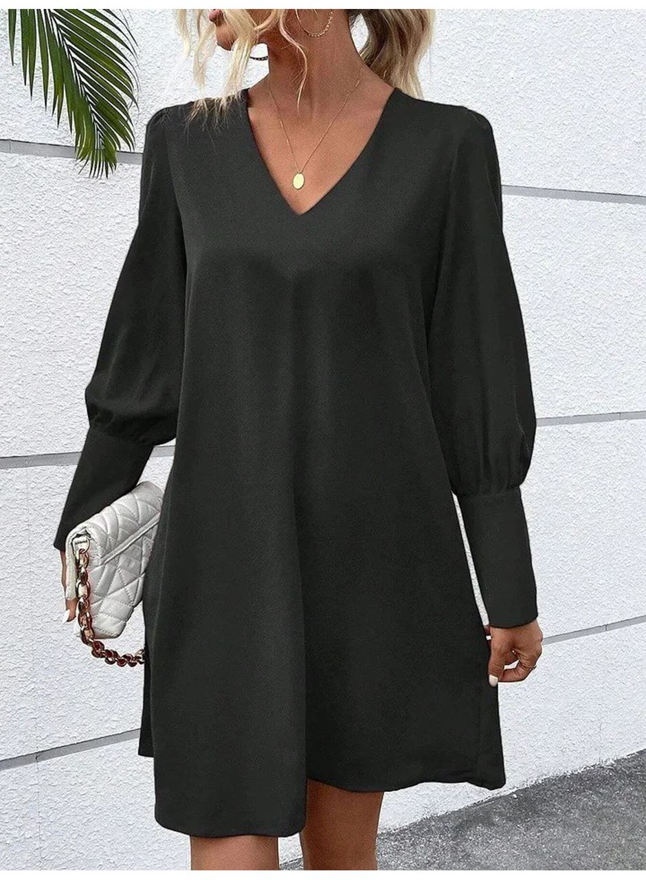 Kadın Uzun Kollu V Yakalı Kısa Ithal Krep Elbise