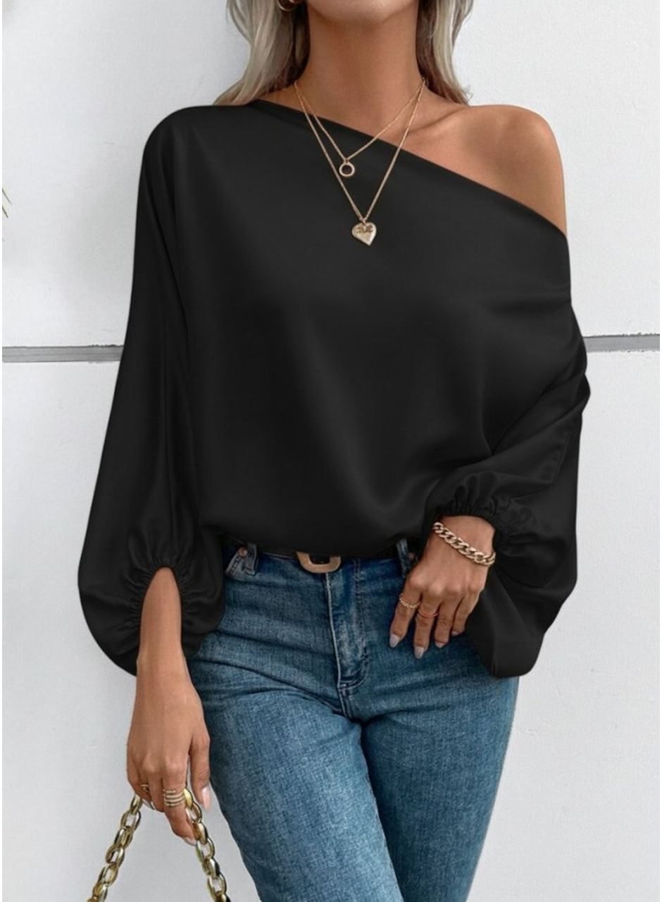 Kadın Tek Omuzu Açık Uzun Kollu Salaş Sandy Bluz