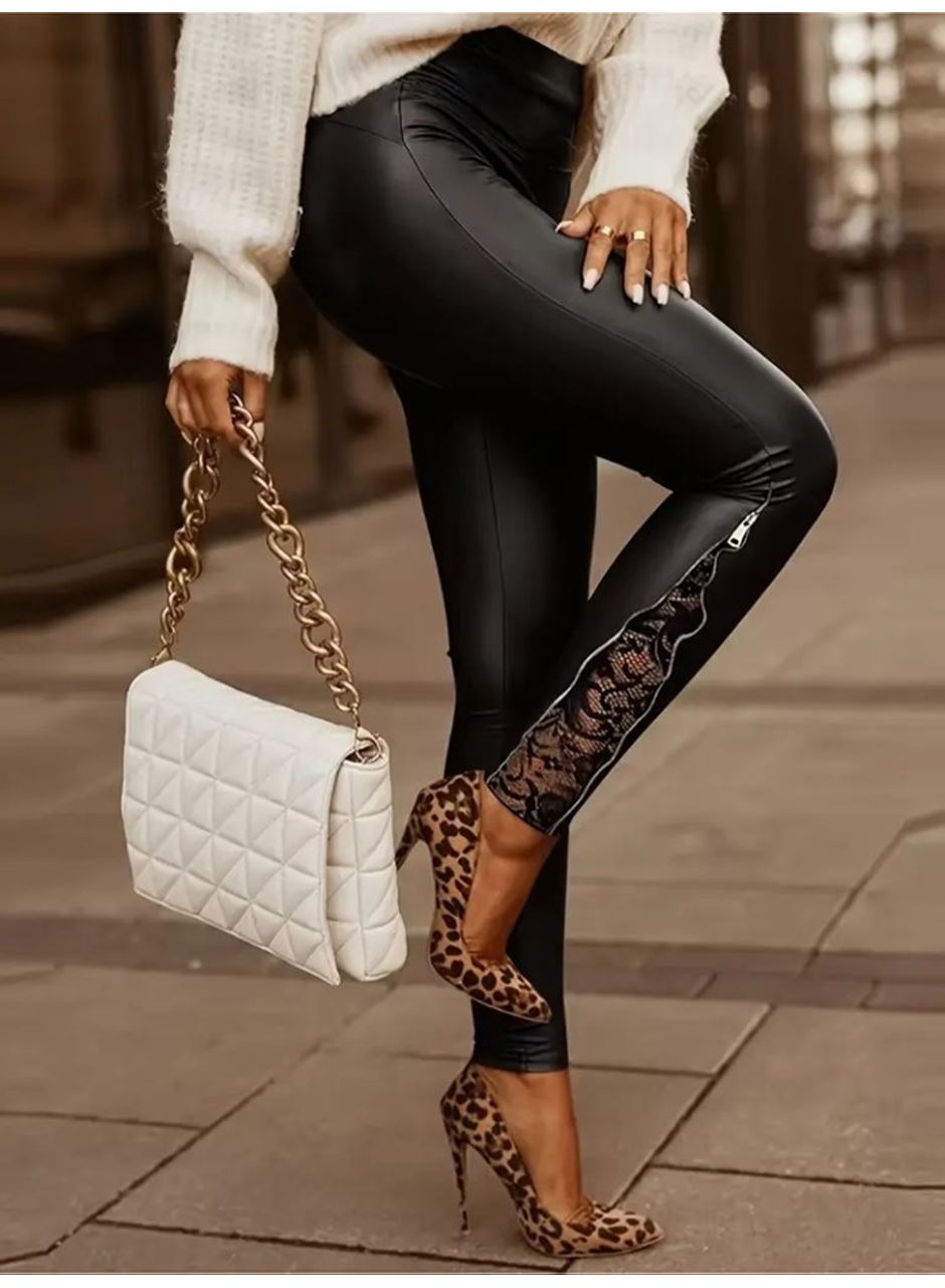 Kadın Yüksek Bel Yandan Yırtmaçlı Dantel Detaylı Deri Tayt