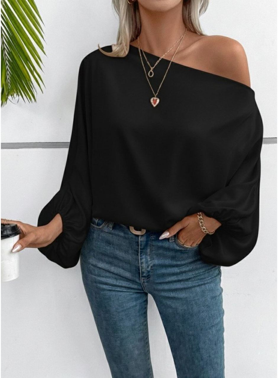 Kadın Tek Omuzu Açık Uzun Kollu Salaş Sandy Bluz