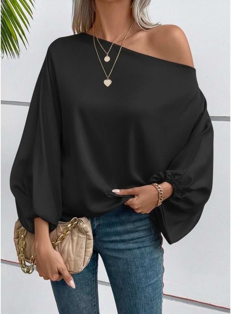 Kadın Tek Omuzu Açık Uzun Kollu Salaş Sandy Bluz