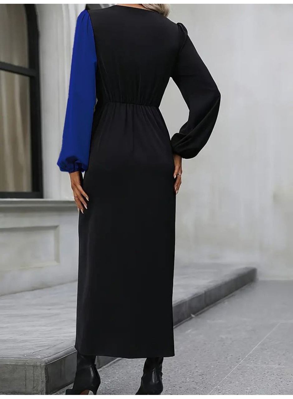 Kadın Uzun Kollu Kruvaze Yakalı Belden çapraz Detaylı çift Renkli Midi Ithal Krep Elbise