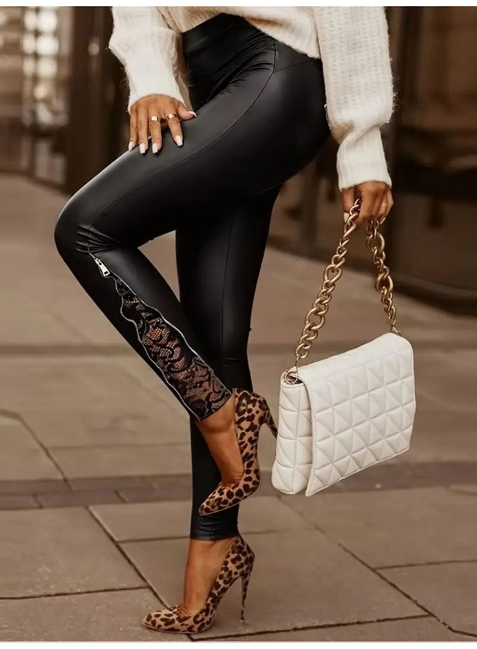 Kadın Yüksek Bel Yandan Yırtmaçlı Dantel Detaylı Deri Tayt